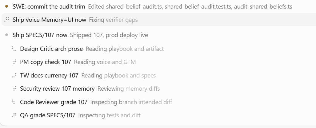 Task panel showing a live product change moving from commit to ship, with nested checks by design, copy, docs, security, code review, and QA.